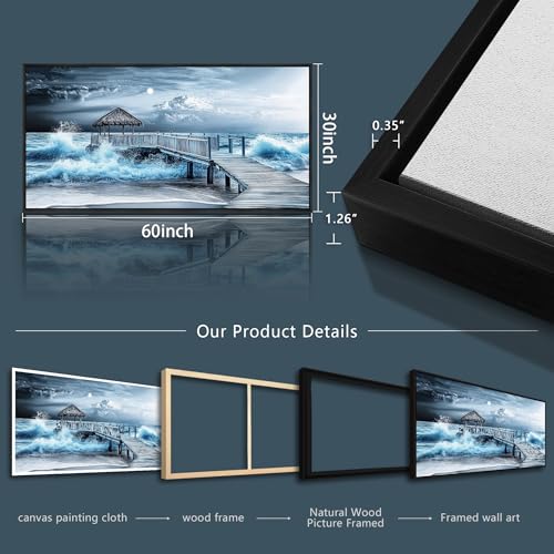 ERQINHUA Large Canvas Wall Art For Living Room Wall Decor For Bedroom Office DecorBlue Wave Landscape Painting Black Frame Artwork For Modern Stretched and Framed Beach Posters Home Decor 30"X60"