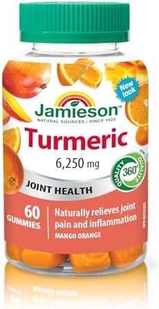 Jamieson Turmeric Gummies Mango Orange Flavour, Provides Natural Joint Pain Relief and Supports Inflammation, Potent Antioxidant. Vegetarian, Non-GMO, Gluten-Free, No Artificial Colours, or Flavours, 60 Count, Proudly Canadian