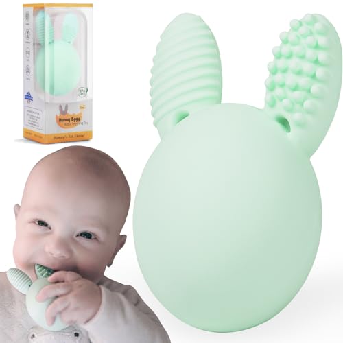 Image of Bunny Eggy Baby Teething Toy Easter Bunny Infant Teether Rabbit Egg Rattle Toy Teething Pain Relief for Babies Boys Girls - Mint