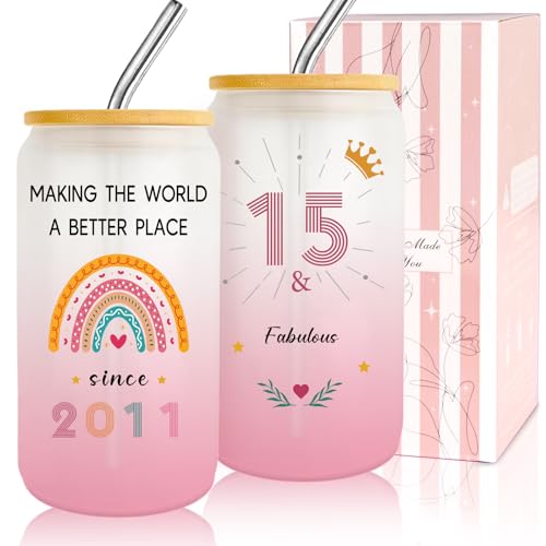 Zyphoria 15 Year Old Girl Gift 15th Birthday Gifts for Girls Happy 15th Birthday Glass Cup with Lid and Straw Gift Ideas Gifts for 15 Year Old Girls 15th Birthday Decorations for Daughter Sister-1pc