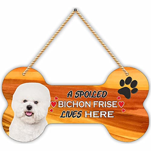 Image of CVANU Laser Cut MDF Wooden Pet Dog Sign Plaque Bone Design A Spoiled Bichon Frise Lives Here Animal Love Sign Board, Name Plate for Dog House White, Size(10x5) inch