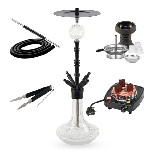Cachimba Praedo Negra 72 cm 4 Personas con Hornillo 500W | Set Completo con Cazoleta de Piedra, Chimenea, Molasses Catcher, 1 Manguera, 1 Boquilla, Pinza, Base de Vidrio