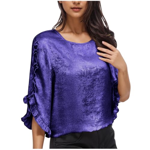 AYSDSKI Shiny Blusa para mujer, elegante, manga 3/4, suéter para fiesta, aspecto mojado, tops con asimetría, volantes, manga lisa, suelta, cuello redondo, parte superior, primavera, verano, ropa de