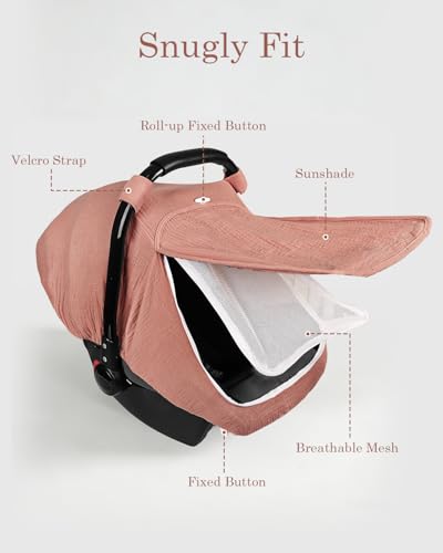 Image of DILIMI Car Seat Covers for Babies, Muslin Cotton Baby Car Seat Cover with Breathable Mesh Window, Summer Infant Car Seat Canopy for Boys Girls Newborn, Dark Pink