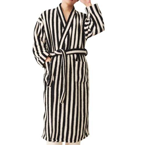 Mens Robe Plush Striped Bathrobe Long Fleece Robes Soft Shower Spa Bath Robe with Pockets Loungewear Sleepwear