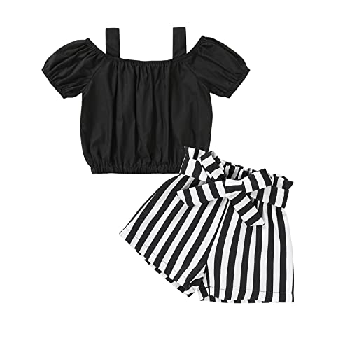 YOUNGER TREE Toddler Baby Girl Summer Clothes Off Shoulder Sling Top Stripes Short Set Little Girls Casual Clothing Outfit (Sling Off Shoulder,12-18 Months)