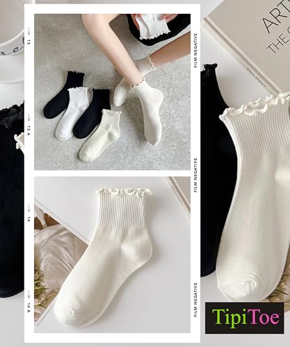 Image of Tipi Toe Women's 6 Pairs Quarter Crew Socks - Lightweight Solid Color Turn-Cuff Ruffle Lettuce Edge Dress Socks, Size 9-11