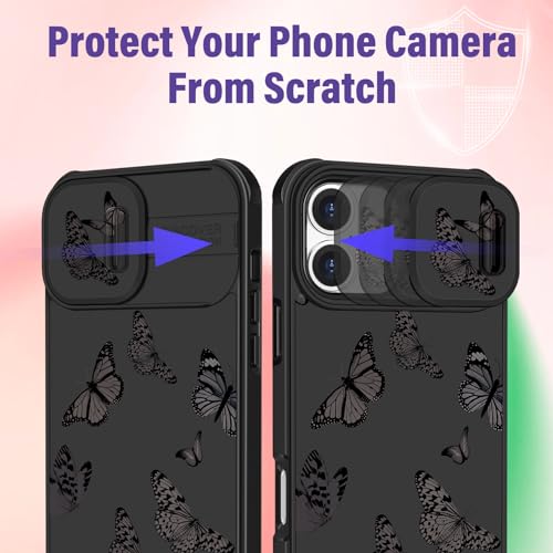 Image of Funermei for iPhone 16 Plus Case - Women Girls Cute Phone Cover Girly Pretty Aesthetic Black Butterfly Unique Design with Camera Cover Funda for Apple for iPhone 16 Plus