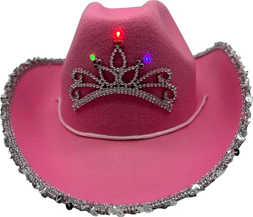 Studio Halloween Adult's Light Pink Cowboy Hat And Tiara With Party Wire EL Light Up Sequin Trim