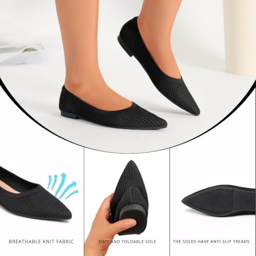 Image of Flats for Women Pointed Toe Knit Foldable Ballet Flat Shoes | Stretch knit upper,built-in arch support,cushioned insole,foldable lightweight design,non-slip sole,office and casual wear