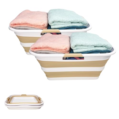 Image of SAMMART 42 (11 Gallons) Collapsible Plastic Laundry Basket, Foldable Pop Up Storage Container /Organizer, Space Saving Hamper, Portable Bin for Dorm Room Bathroom (2, White /Beige)