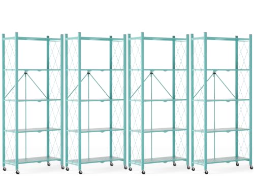 Image of ALANNG 60.6 Inch Folding Bookshelf, 5 Tier Metal Bookcase and Bookshelves | Tall Shelves for Living Room Office Bedroom, Heavy Duty Book Shelve Free Standing Open (Mint Green, 4PACK)