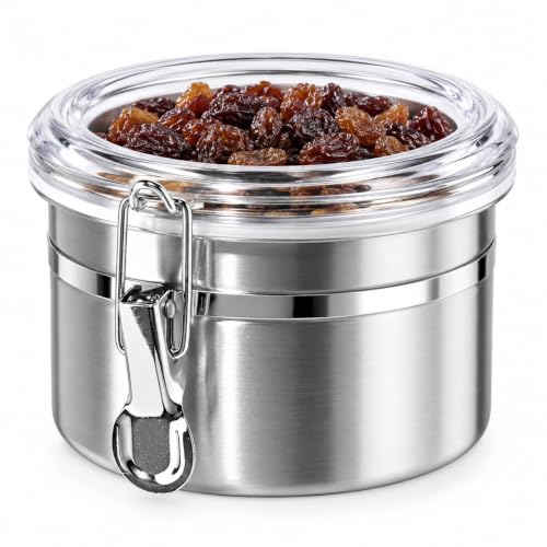 Oggi Stainless Steel Kitchen Canister 26 fl oz - Airtight Clamp Lid, Clear See-Thru Top - Ideal for Kitchen Storage, Food Storage, Pantry Storage. Size 5" x 3.5".