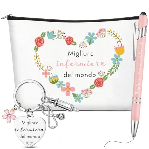 Clabby 3 Pezzi Regali Infermiera per Natale Laurea Regalo di Ringraziamento Portachiavi Migliore Infermiera Pochette Astuccio Cosmetici Borsa Cosmetica Penna a Sfera Accessori Motivazionali