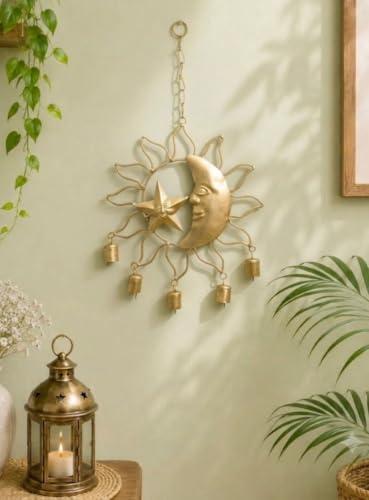 Image of DULI Metal Windchime Wall Hanging, Feng Shui, Wall Art, Wall Decor, PositiveVibes, Rustic Wall Hangings, Wall Art, Diwali Decor, Home Decor, Positive Vibes (MetalHanging-HalfSunwithBell)