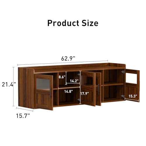 Bonzy Home 65\" Mid Century Modern TV Stand for TVs up to 70\", Tall Entertainment Center with Storage and Glass Doors, Walnut Media Console for Living Room