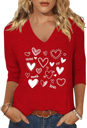 Image of Woffccrd Womens 3 /4 Sleeve V Neck T-Shirts Valentina's Day Spring Shirts Love Heart Printed Graphic Tees