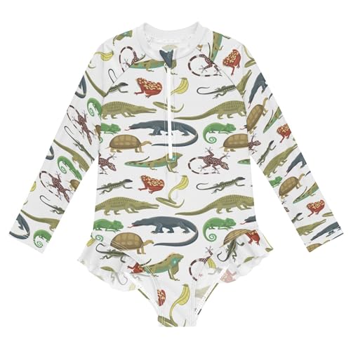 Vozoza Reptiles Animals White Baby Girl Bathing Suit Long Sleeve UPF 50+ One Piece Toddler Swimsuit Size 11-12y