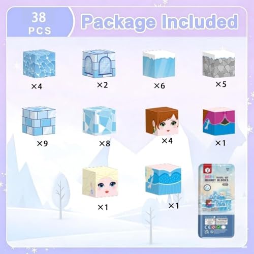Image of Happy Hues Mini Magnetic Blocks Travel Set (38 Pcs) - Pixelated Ice Castle Cube Magnets with Storage Tin, STEM Building Toy Figures, Screen-Free Road Trip Travel Toy for Kids Ages 3+