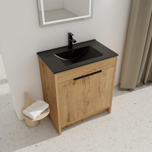 30-inch Antique Bathroom Vanity With Ceramic Sink - Mid-Century Modern Cabinet With Soft-Close Doors In Natural Brown