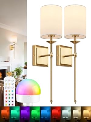 Battery Operated Wall Sconces Set of 2 Two Wireless Sconces Brass Gold Rechargeable Wall Lights Dimmable&RGB Battery Powered Wall Sconce Wall Decor for Bedroom Living Room, Remote Control