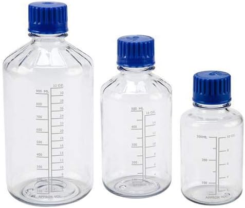 Dynalab601524-0300 Narrow Mouth Boston Round Graduated Bottle, 38-430 mm Blue Closure, 300 lb., Polycarbonate (Pack of 24)