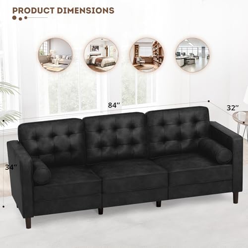 Image of 84 inch Suede Leather 3 Seater Sofa with Two Bolster Pillows, Tufted Sofa with Wooden Legs, Mordern Couch for Living Room, Office, Apartment, Black