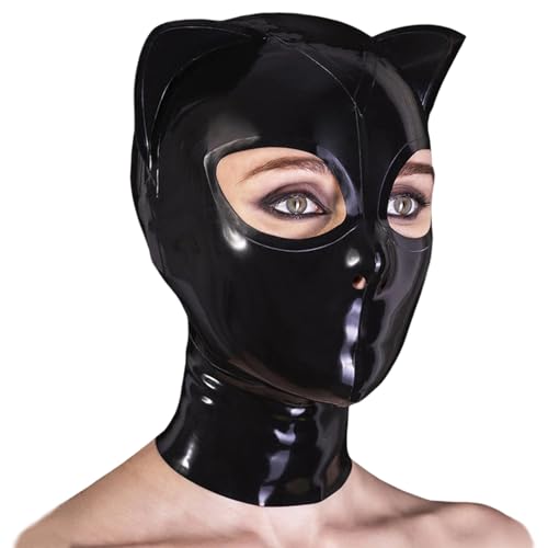 GREEFEI Masque de Chat en Latex avec Capuche et Oreilles Noir,Fermeture éclair au Dos,Accessoires de Club Fait à la Main XXL