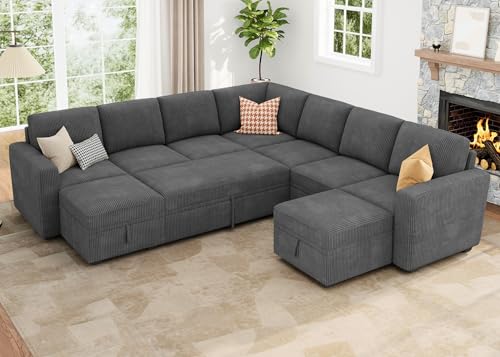 Image of HONBAY Modular Sectional Sleeper Sofa with Pull Out Couch, Corduroy Oversized Sectional Couches Pull Out Bed with U Shaped Sleeper Storage for Living Room - Dark Grey