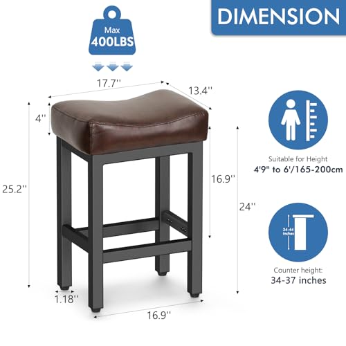 Image of Raynesys Counter Height Bar Stools Set of 3, 24 Inch Barstools for Kitchen Island Counter, Bonded Leather Kitchen Stools with Thick Saddle Seats & Heavy Duty Metal Base, Easy Assembly, Brown /Black