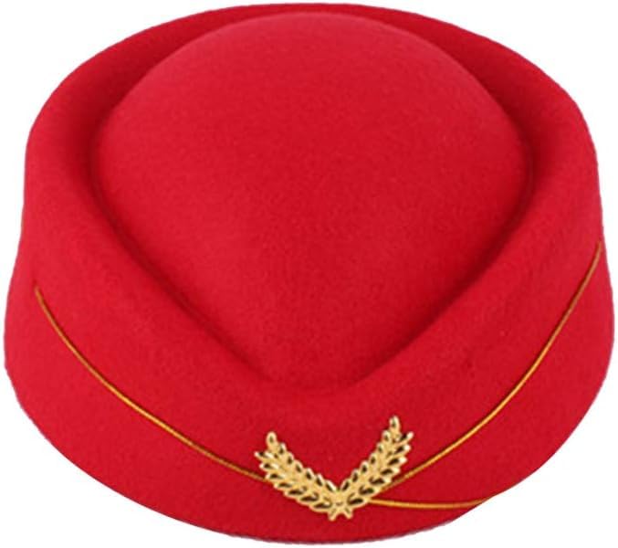 Women's Stewardess Hat & Flight Attendant Cap - Felt Beret for Uniform, Cosplay & Fancy Dress (Red)