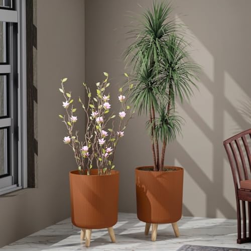 Image of StyleX Store Modern Flower Pot with Plastic Legs | Indoor Outdoor Planter for Home Garden Balcony Decor Ribbed Design Sturdy Plastic Mid-Century Style (Wood Brown Pack of 2)
