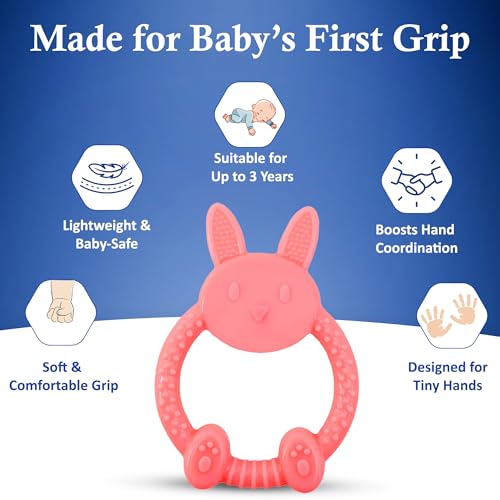 Image of MamaLaps Soft Silicone Baby Teether, Silicone BPA Free Teethers for Newborn Infant, Teething Toy for Babies with Textured Surface for Soothing Gums (Pack of 1, Rabbit-Pink)