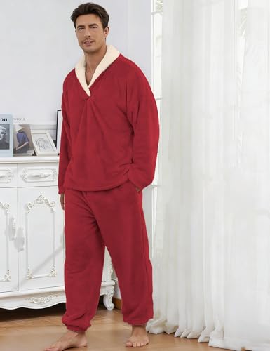 Image of Mens Fluffy Coral Fleece Pajamas Set Pullover Pants Loose Plush Warm Loungewear Sleepwear