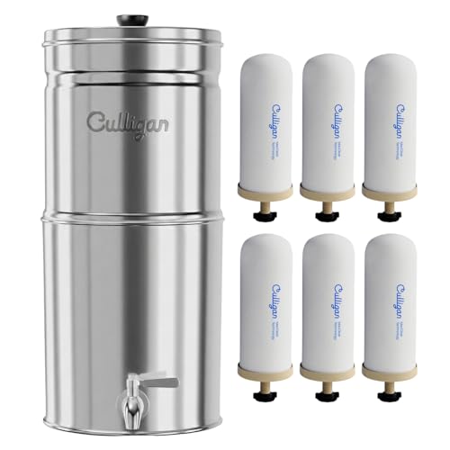 Image of Culligan MaxClear 3 Gallon Gravity Water Filter System, Polished Stainless-Steel Countertop Water Filter NSF /ANSI Certified to Reduce Microplastics, Lead & Total PFAS, with 6 Ceramic Filters