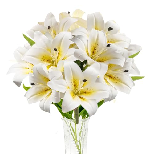 Snail Garden Lot de 11 têtes de lys artificiels blancs, tigre pour maison, hôtel, arrangement floral, décoration de fête (blanc jaune)