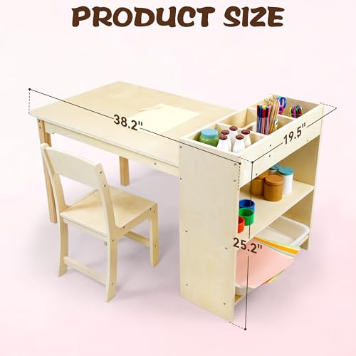 Kids Art Table and Chair Set, Birch Wooden Activity Craft Table, Kids Drawing Table, Toddler Desk with Storage and 1 Chair - Image 3