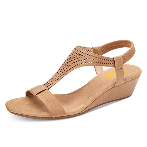 FSJ Women Open Toe Low Wedge Heel Sandals T-Strap Comfy Padded Sole Ankle Strap Casual Beach Travel Summer Sandals Size 4-15 US