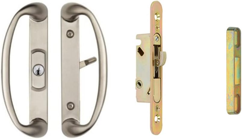 Rockwell Security Sonoma Patio Sliding Door Center Keylock Handle Set with Mortise Lock and Keeper Brushed Nickel Finish Fits 1-3/4 Inch Thick Doors with 3-15/16 Inch Screw Holes CTC