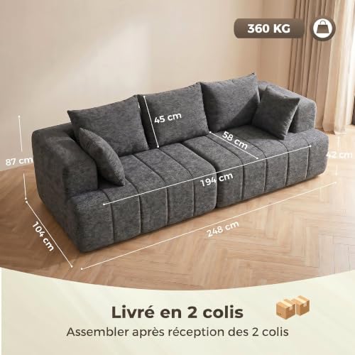 Sofá de 3 plazas de chenilla de 248 cm gris con amplio asiento acolchado para salón 4