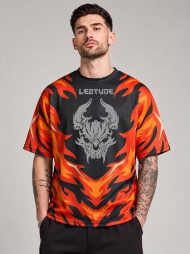Image of LEOTUDE Men's Tiger Graphic Printed Oversized T-Shirt | Bold Red Sports Jersey Style Tee | V-Neck Half Sleeve Casual Streetwear for Men's (Color:Red)