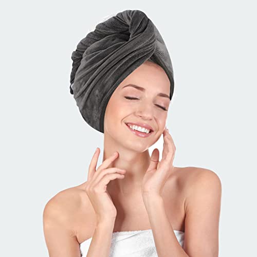 KinHwa Microfibre Hair Towels Wrap Super Absorbent 30x70cm Large Dry Hair Turban for Women Wet Long Thick Hair 2 Pack Darkgrey