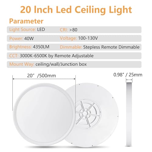 20 Inch Dimmable Large LED Flush Mount Ceiling Light, 43W, 3200LM, 3000K-6500K Stepless CCT, Dimmable with Remote Ceiling Light, Round Flat Panel Fixture for Living Room, Bedroom,Kitchen (White) by TLZ TLZ LIGHTING - Used condition - Image 4