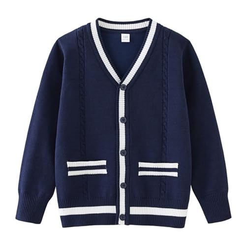 Xiaojmake Boys Girls Cardigan Sweater School Uniform Color Block V-Neck Button Down Sweaters Soft Cotton Knit Outerwear 3-13Y