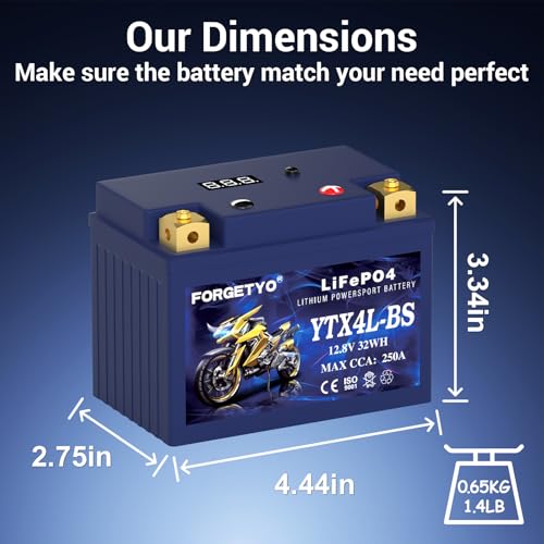 Image of Lithium YTX4L-BS, Forgetyo 12V 2.5AH 250CCA LiFePO4 Motorcycle Battery, ATV, UTV, Jet Ski, 4 Wheeler,Snowmobile,Tractor and Generator Battery