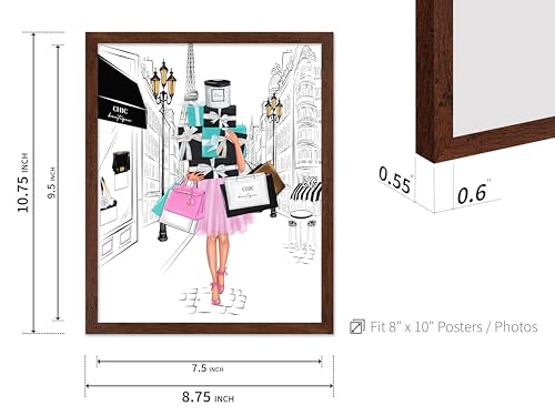 Image of Poster Master Fashion Poster - Lady with Shopping Bags Print - Trendy Art - Modern Art - Gift for Her & Fashionista - Luxury Haute Couture Decor for Bedroom or Girl's Room, 8x10 Brown Framed