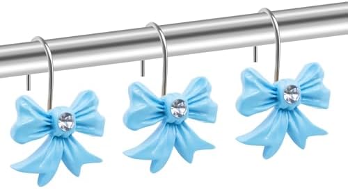 Decorative Shower Curtain Hooks Blue Bow Knot Shower Curtain Hooks Shower Rings Cute Girl Resin Hanger for Bathroom Baby Room Art Decor 12 PCS