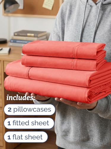 Image of Twin XL 4 Piece Sheet Set - College Dorm Room Essentials - Coral | Ultra Soft Dorm Bedding Set, 8 inch to 16 inch Inch Deep Pockets, 1 Flat & 1 Fitted Sheet & 2 Pillowcases, Wrinkle & Fade Free
