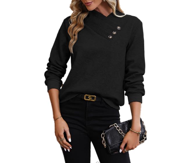 Womens V-Neck Long Sleeved Button Textured Top Pullover Basic Casual and Loose Fit
