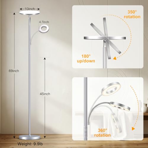 Image of marctronic Silver Modern Floor Lamp, 42W 4000LM High Lumen Output, Full Range Dimming & Preset Modes, Touch Control Standing Lamp for Living Room /Reading Nook
